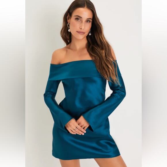 Lulus Luxurious Vision Teal Satin Off-the-Shoulder Mini Dress Size Small - Picture 1 of 7